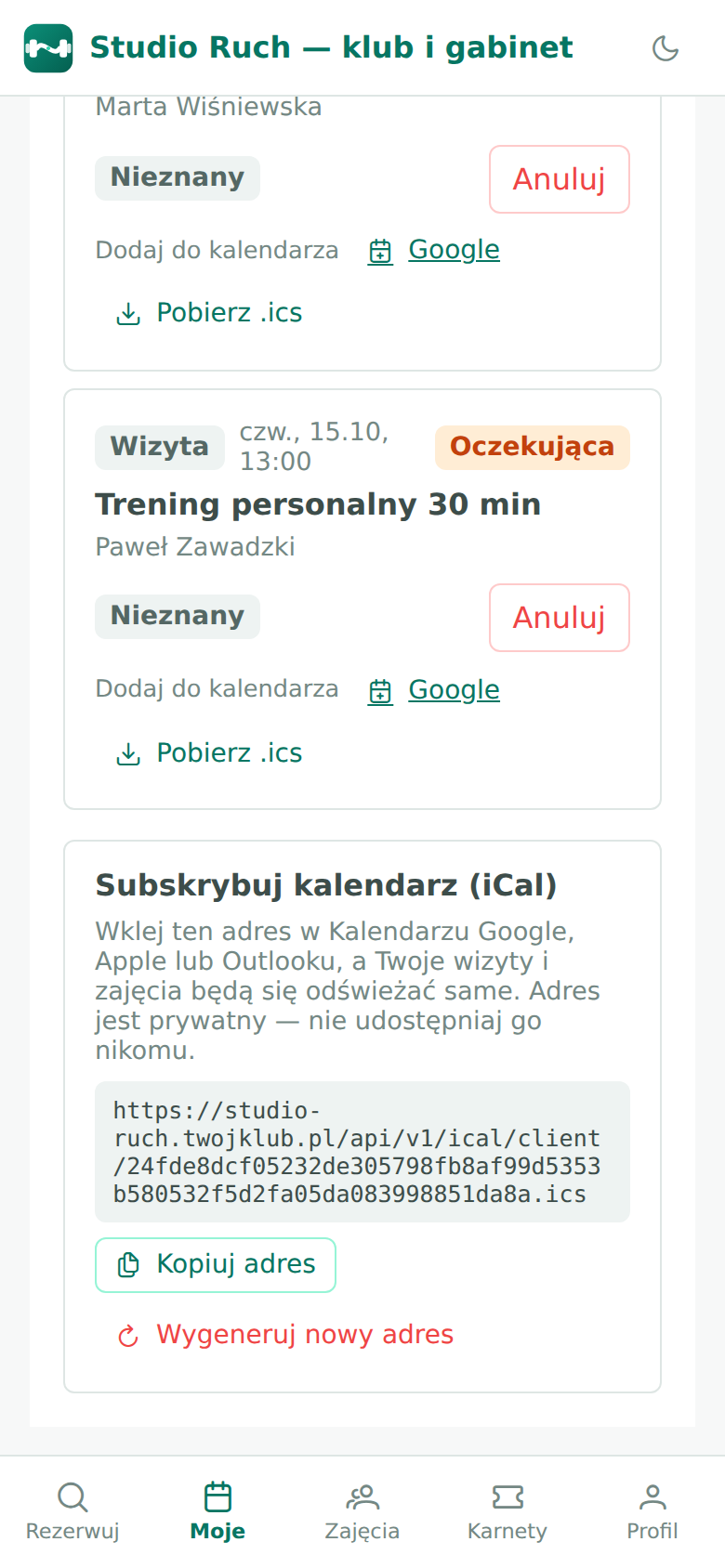 Ekran telefonu z kartami nadchodzących wizyt, linkami „Google” i „Pobierz .ics” oraz blokiem subskrypcji kalendarza.