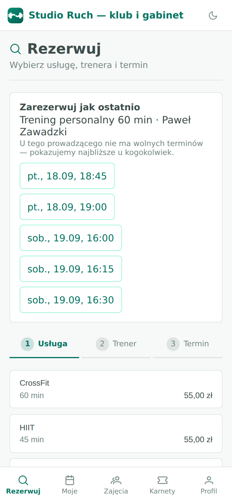 Ekran telefonu: krok pierwszy rezerwacji z listą usług, czasem trwania i ceną.