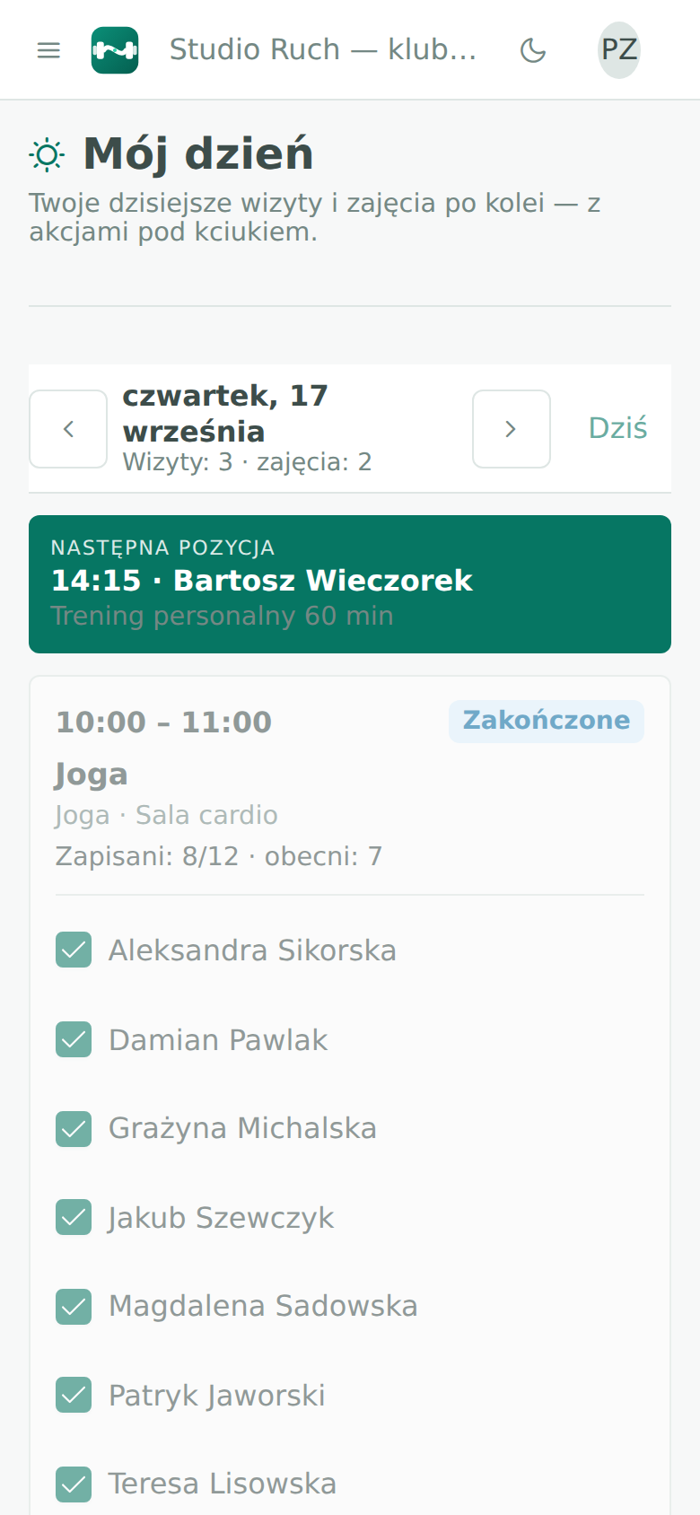 Ekran telefonu „Mój dzień” z kafelkiem następnej wizyty i kartami kolejnych wizyt ze statusami.